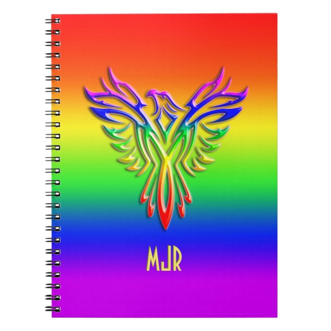 Caderno Espiral Monograma personalizado, Ascensão fênix LGBT Rainb (Frente)