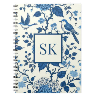 Caderno Espiral Monograma Personalizado Chinoiserie Azul e Branco