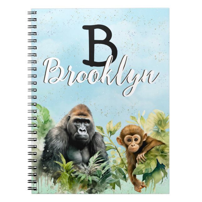 Caderno Espiral Monograma Personalizado da Selva de Gorilla Chimpa (Frente)