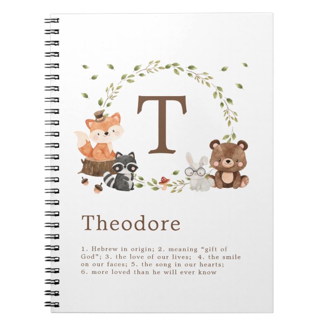 Caderno Espiral Monograma Personalizado de Animais da Floresta (Frente)