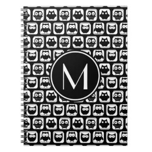 Caderno Espiral Monograma Personalizado de Corujas Negras e Branca