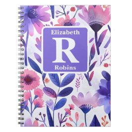 Caderno Espiral Monograma personalizado de flores roxas pintadas à