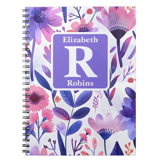 Caderno Espiral Monograma personalizado de flores roxas pintadas à (Frente)