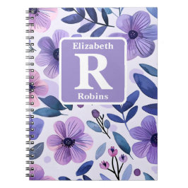 Caderno Espiral Monograma personalizado de flores roxas pintadas à