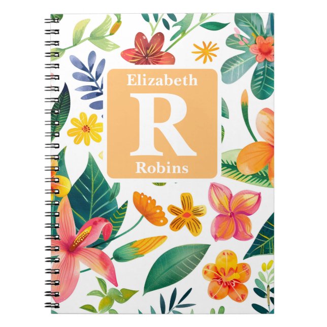 Caderno Espiral Monograma personalizado de flores tropicais colori (Frente)