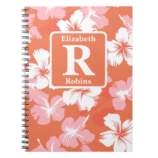 Caderno Espiral Monograma personalizado de hibisco de laranja trop (Frente)