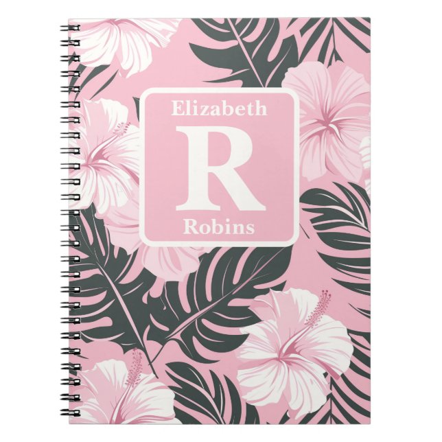 Caderno Espiral Monograma personalizado de hibisco rosa tropical (Frente)
