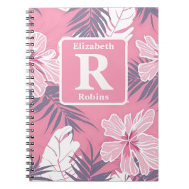Caderno Espiral Monograma personalizado de hibisco rosa tropical