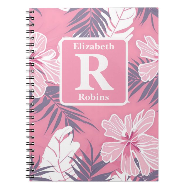 Caderno Espiral Monograma personalizado de hibisco rosa tropical (Frente)