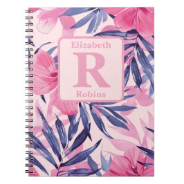 Caderno Espiral Monograma personalizado de hibisco rosa tropical
