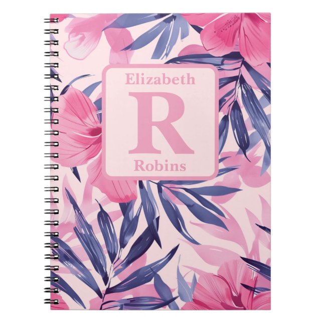 Caderno Espiral Monograma personalizado de hibisco rosa tropical (Frente)