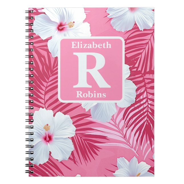 Caderno Espiral Monograma personalizado de hibisco rosa tropical (Frente)