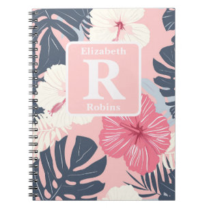 Caderno Espiral Monograma personalizado de hibisco rosa tropical