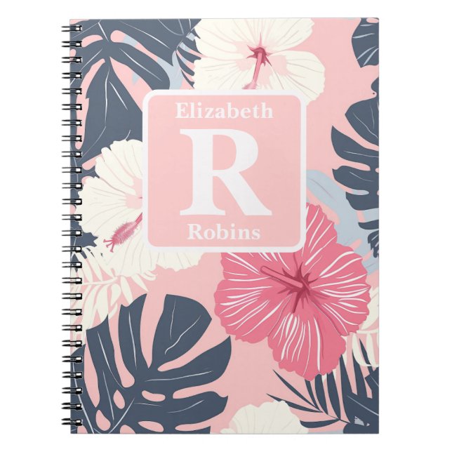Caderno Espiral Monograma personalizado de hibisco rosa tropical (Frente)