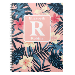 Caderno Espiral Monograma personalizado de hibisco rosa tropical