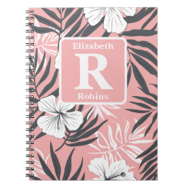 Caderno Espiral Monograma personalizado de hibisco rosa tropical