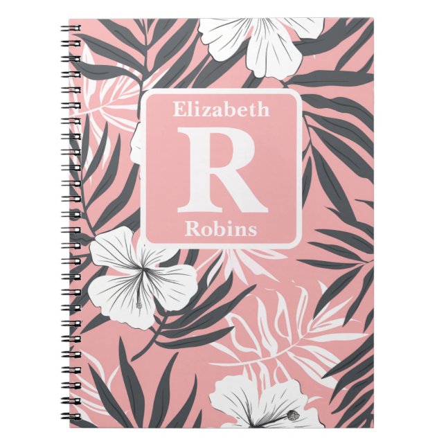 Caderno Espiral Monograma personalizado de hibisco rosa tropical (Frente)