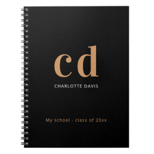 Caderno Espiral Monograma personalizado de ouro preto Nome minimal
