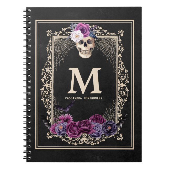 Caderno Espiral Monograma Personalizado e Nome Preto do Crânio Flo (Frente)