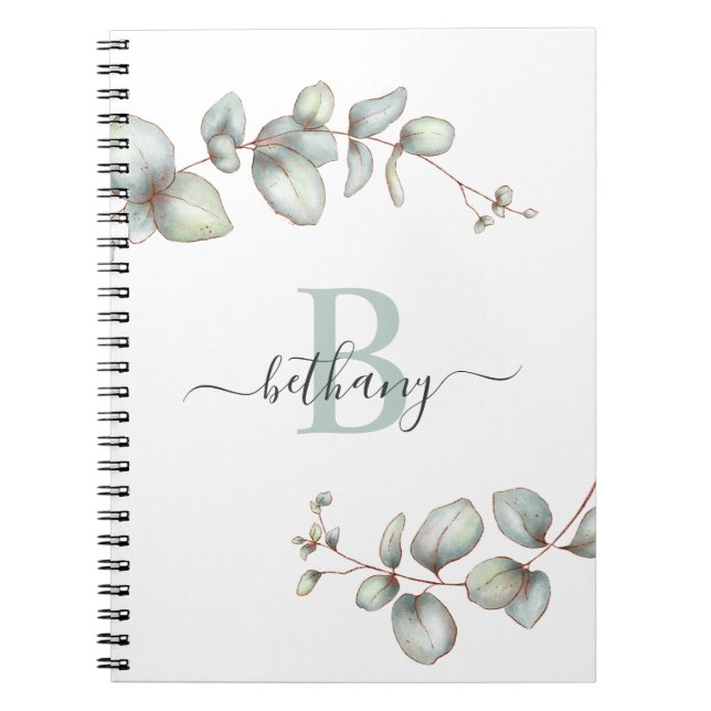 Caderno Espiral Monograma Personalizado Eucalipto Verde Dusty (Frente)