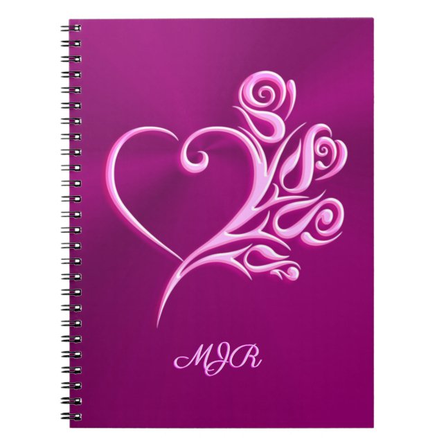 Caderno Espiral Monograma personalizado, Mauve Stylized Heart e Ro (Frente)
