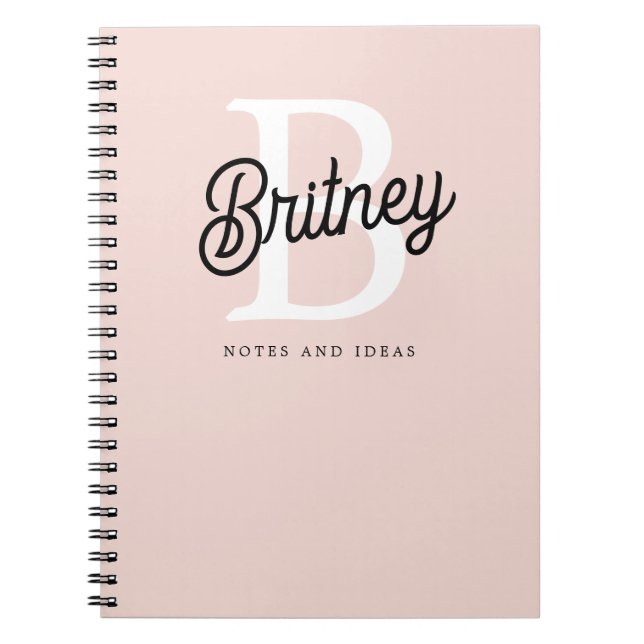 Caderno Espiral Monograma Personalizado Moderno e Nome Pastel Rosa (Frente)