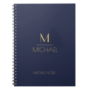 Caderno Espiral Monograma Personalizado   Nome Azul Marinho e Dour