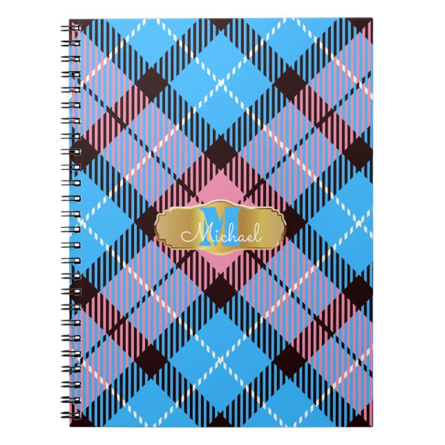 Caderno Espiral Monograma Personalizado Nome Cor-de-rosa Xadrez az (Frente)