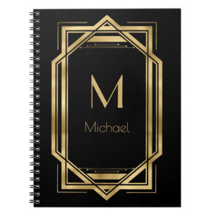 Caderno Espiral Monograma Personalizado Preto e Dourado   Geométri