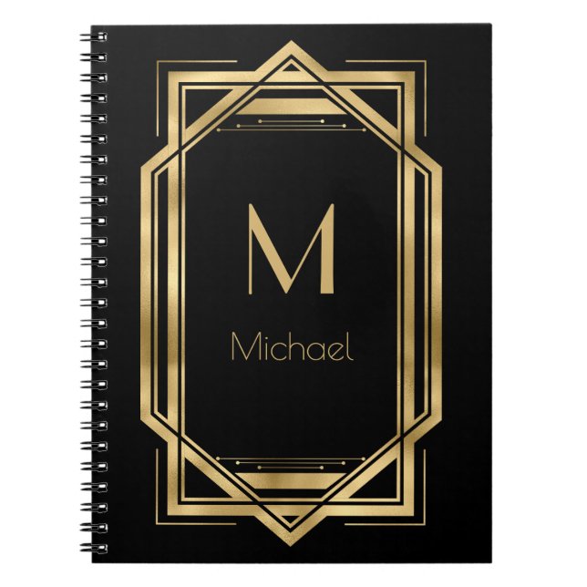 Caderno Espiral Monograma Personalizado Preto e Dourado | Geométri (Frente)