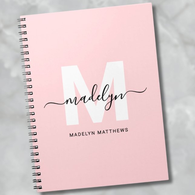 Caderno Espiral Monograma Personalizado Rosa Cor-de-Rosa Feminino (Girly Blush Pink Monogram notebook)