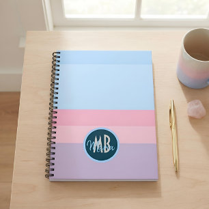 Caderno Espiral Monograma Personalizado Rosa Pastel e Listras Azui