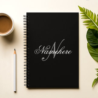 Caderno Espiral Monograma Personalizado Único de Nomes Preto e Bra