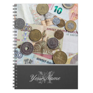 Caderno Espiral Monograma personalizável com moedas e notas banc