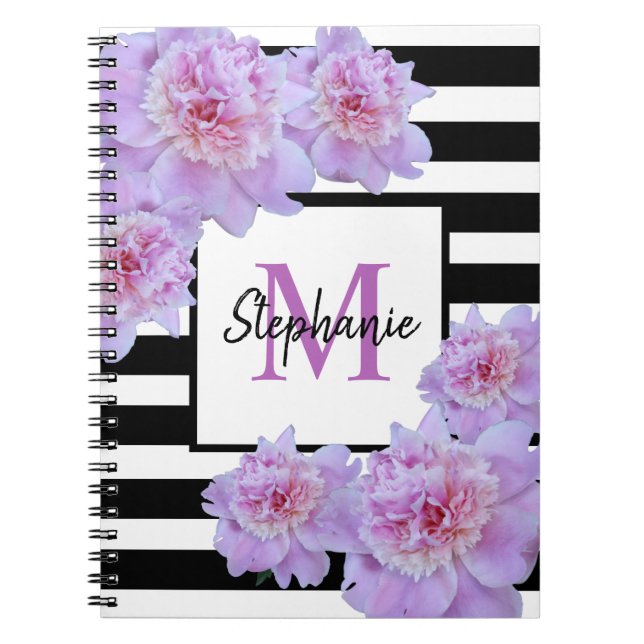 Caderno Espiral Monograma Pink Peony Flor Black Stripe Roxo Púrpur (Frente)