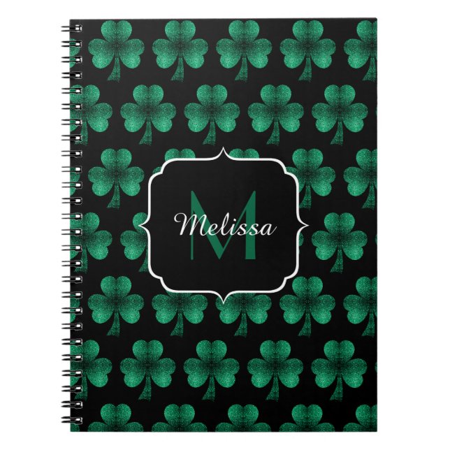 Caderno Espiral Monograma preto de Shamrock Verde Sparkle Emerald (Frente)
