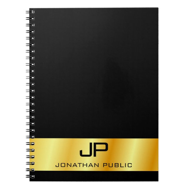 Caderno Espiral Monograma preto e Elegante Dourado, Modelo moderno (Frente)