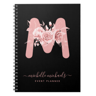 Caderno Espiral Monograma Preto Floral de Rosa Chic