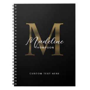 Caderno Espiral Monograma Preto Metálico Dourado de Letra Minúscul