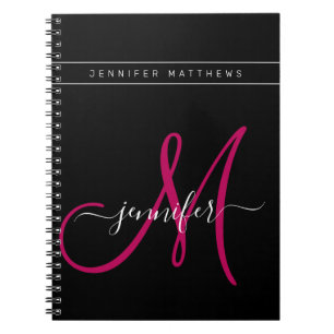 Caderno Espiral Monograma Preto Rosa de Script Elegante Personaliz