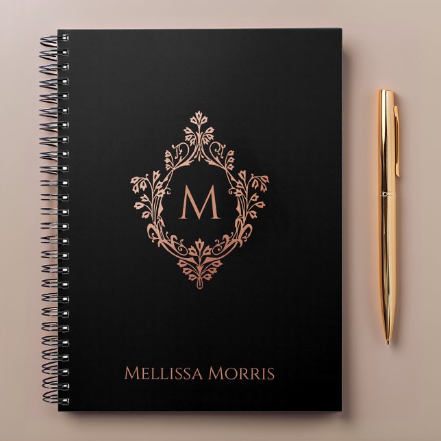 Caderno Espiral Monograma preto-rosa Elegante Rosa Dourado Nome do (Criador carregado)