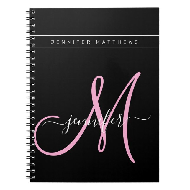 Caderno Espiral Monograma preto rosa personalizado com script Eleg (Frente)