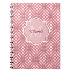 Caderno Espiral Monograma Quatrefoil Cor-De-Rosa Chic Com Nome