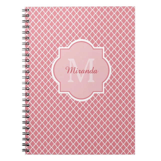 Caderno Espiral Monograma Quatrefoil Cor-De-Rosa Chic Com Nome (Frente)