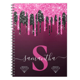 Caderno Espiral Monograma Quente Rosa e Preto com Glitter Pingando