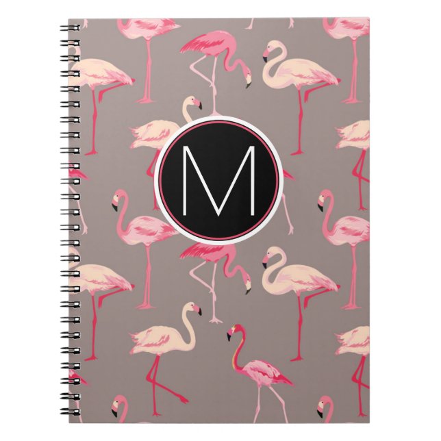 Caderno Espiral Monograma retro dos flamingos | (Frente)