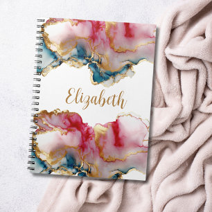 Caderno Espiral Monograma Rosa Azul Dourado Água-forte Abstrato