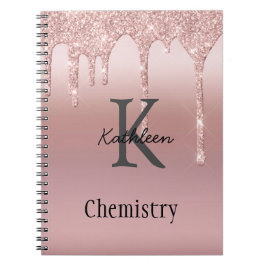 Caderno Espiral Monograma Rosa Dourado Brilho Gotejante Blush Rosa