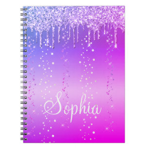 Caderno Espiral Monograma Rosa Quente Brilho Gotejante Metálico