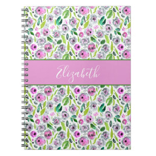 Caderno Espiral Monograma Rosa Verde Cinza Boho Floral Aquarela 